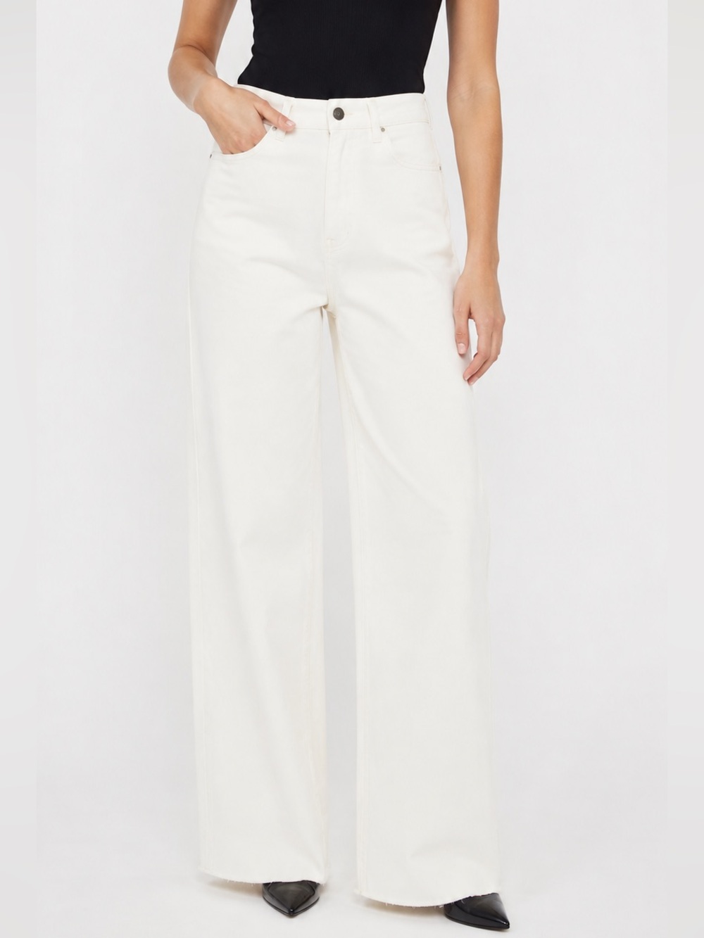 Anine Bing Ivory White Hugh Wide Leg Jeans SIZE 24 High Rise Raw Hem 90s Organic